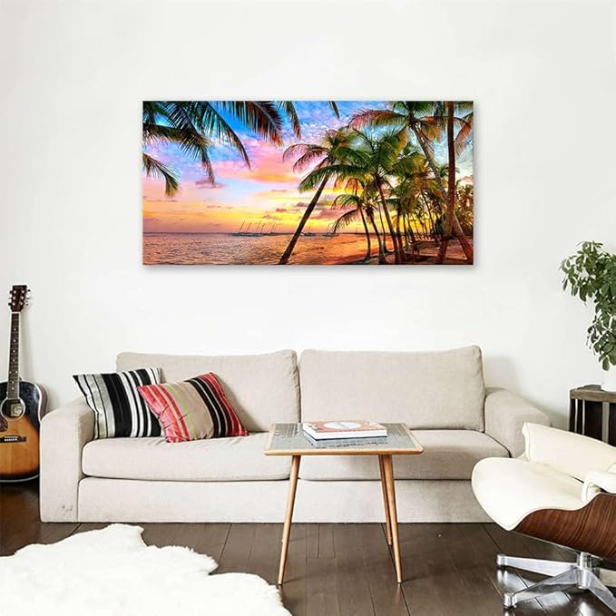 BYXART Canvas Art Wall Decor for Living Room Seascape Tropical Palm Tree Sunset Artwork Bedroom Ocean Beach Paintings for Bathroom Home Office Dining Decorations 48L x 24W
