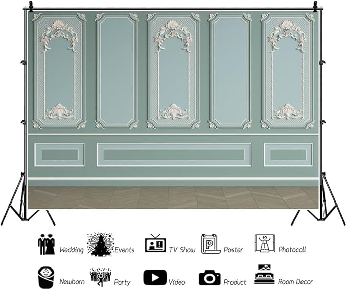 Leyiyi 10x6.5ft Green Vintage Room Inside Backdrop European Frame Modern House French Castle Cementery Wall Retro Style Photo Background Cowboy Kids Birthday Portrait Studio Prop Vinyl Wallpaper