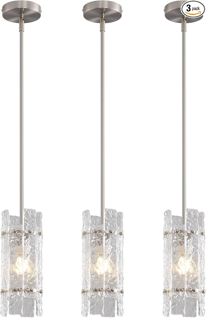 Brushed nickel Crystal Pendant Light for Kitchen Island, Luxury Mini Water Ripple Glass Chandelier Fixture, Modern Round Adjustable Hanging Pendant Lighting for Dining Room Bathroom Hallway (3-Pack)