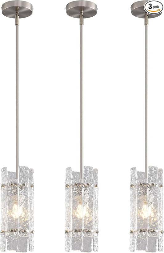 Brushed nickel Crystal Pendant Light for Kitchen Island, Luxury Mini Water Ripple Glass Chandelier Fixture, Modern Round Adjustable Hanging Pendant Lighting for Dining Room Bathroom Hallway (3-Pack)