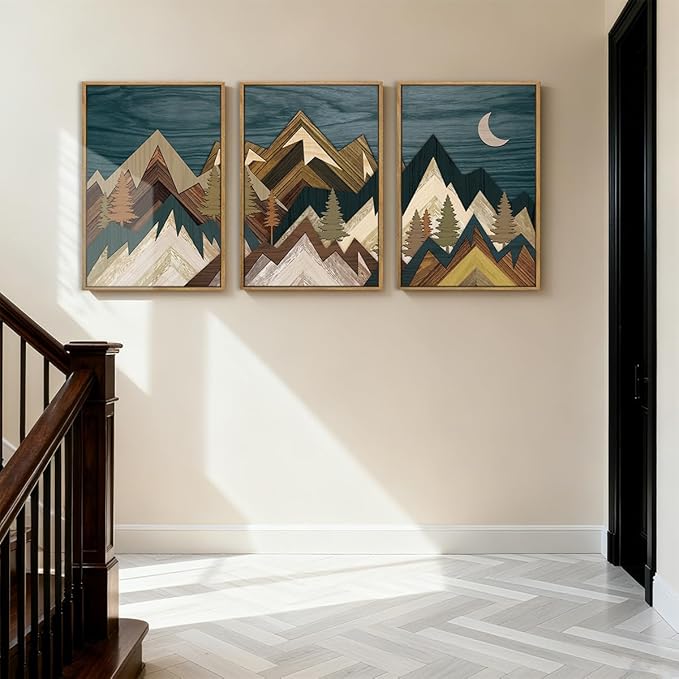 BINCUE Framed Mountain Wall Art Landscape Wall Decor Moon and Nature Artwork for Bedroom Living Room Office 16x24 Inches Set of 3