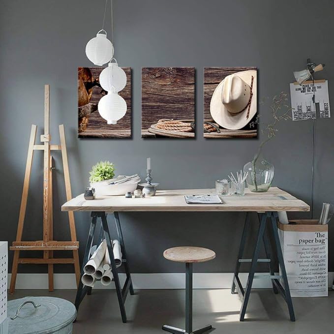 Canvas Print Wall Art Decor Western Cowboy Wall Art American Cowboy Hat Boots West Rodeo Vintage Picture Stretched Gallery Canvas Wrap Giclee Print Ready to Hang for Home Office Living Room