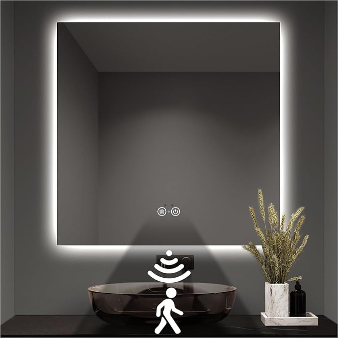 Backlit LED Bathroom Mirror, Infrared Motion Sensor Vanity Mirror with 3-Color Lights, Stepless Dimmable Wall Lighted Mirror with Anti-Fog, Memory, Rectangular (36" L x 36" W)