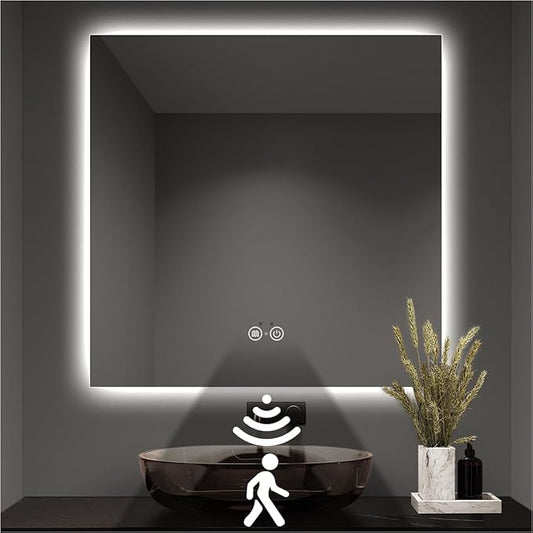 Backlit LED Bathroom Mirror, Infrared Motion Sensor Vanity Mirror with 3-Color Lights, Stepless Dimmable Wall Lighted Mirror with Anti-Fog, Memory, Rectangular (36" L x 36" W)