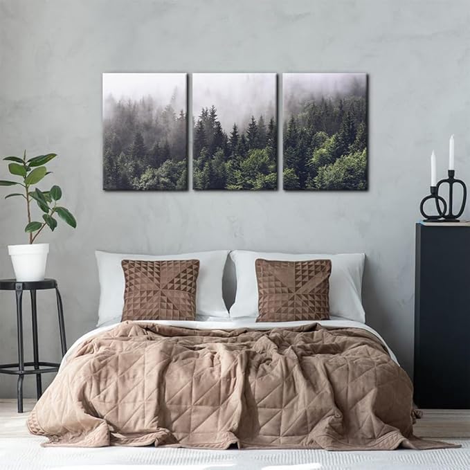 Pacimo Canvas Wall Art Fog Over Pine Tree Forest Nature Wilderness Photography Modern Art Rustic Landscape Relax/Calm Cool for Wall Decor Giclee Artwork Stretch Framed Ready to Hang - 20"x28"x3