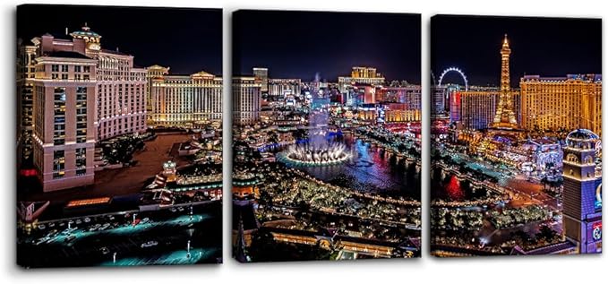 Pacimo Cityscape Canvas Print Wall Art, Las Vegas Strip Night Scene Canvas Art Painting for Living Room Bedroom Office Wall Decor Home Decoration Stretch and Framed Ready to Hang - 12"x16"x3 Panels