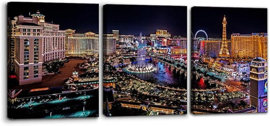 Pacimo Cityscape Canvas Print Wall Art, Las Vegas Strip Night Scene Canvas Art Painting for Living Room Bedroom Office Wall Decor Home Decoration Stretch and Framed Ready to Hang - 12"x16"x3 Panels
