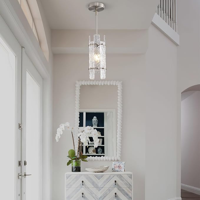 Modern Brushed Nickel Crystal Pendant Light for Kitchen Island, Luxury Mini Water Ripple Glass Chandelier Fixture, Round Adjustable Hanging Pendant Lighting for Dining Room Bedroom Hallway (1-Pack)