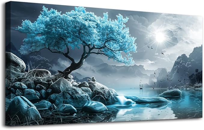 KELIYUAN Canvas Wall Art For Living Room Bedroom Wall Decor Black And White Landscape Pictures Blue Tree Wall Painting Modern Home Decoration For Room Office Works Framed Canvas Art Prints 20x40in