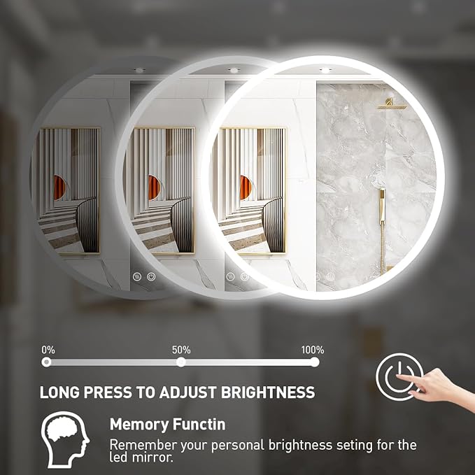 28 Inch Round LED Bathroom Mirror - 6000K Daylight Backlit, Anti-Fog & Dimmable, Frameless Waterproof Mirror with Touch Control, CRI90+, IP54 for Vanity & Makeup