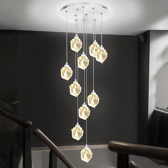 Long Crystal Chandelier Silver 10-Light Spiral Stair Chandeliers for High Ceilings Foyer Entryway Flush Mount Ceiling Lights LED Dimmbale 3000-6000K