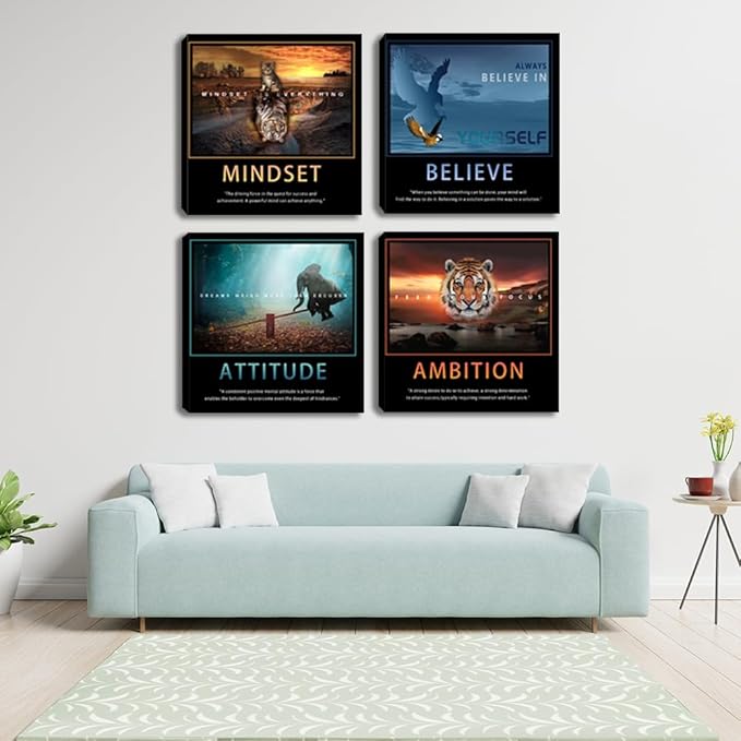 Motivational Wall Art Decor Quotes Canvas Wall Art Set of 4 Motivation Picture Prints for Home Office Canvas Painting Wall Art Poster Prints Wall Pictures Decoration Framed Ready to Hang 16"x16"x4