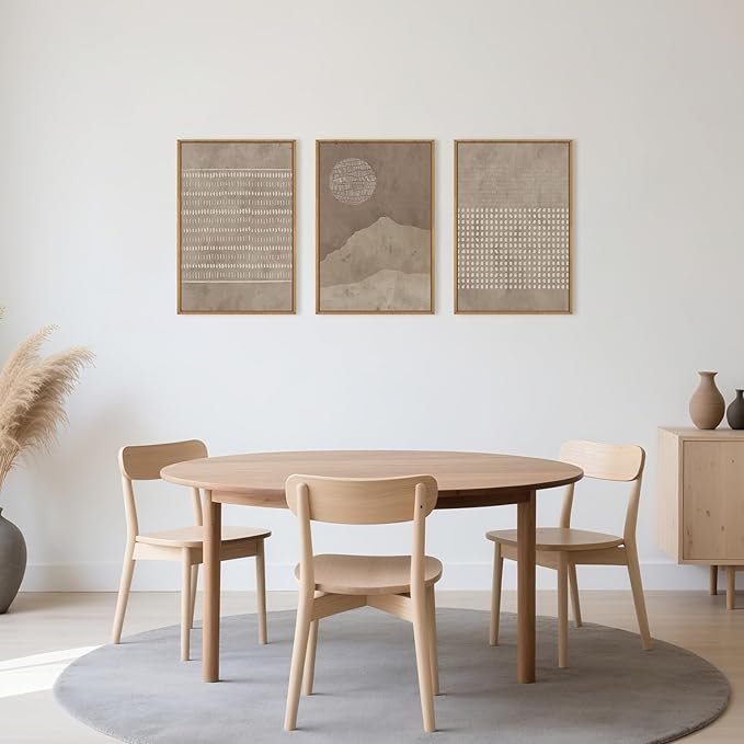 Large Mid Century Tan and Beige Framed Canvas Wall Art,Neutral Lines Dots Wall Decor,Abstract Sunset and Mountain Artwork,Boho Textured Shapes Art Print for Living Room,Bedroom,Office-24"x36"x3