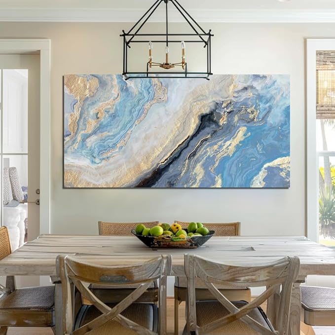 Abstract Canvas Wall Art Decor for Living Room Blue Gold Marbling Pictures Painting for Bedroom Modern Abstract Canvas Art Ptints for Office Home Decorations (24x48inches)