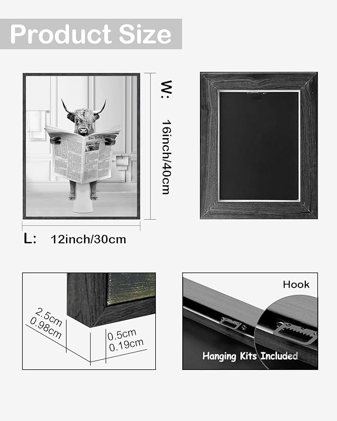 KBKBART Framed Highland Cow Bathroom Art, 12x16 Inch Canvas Cow in Bathtub, Black and White Wall Art, Cute Humor Animal Bathroom Decor