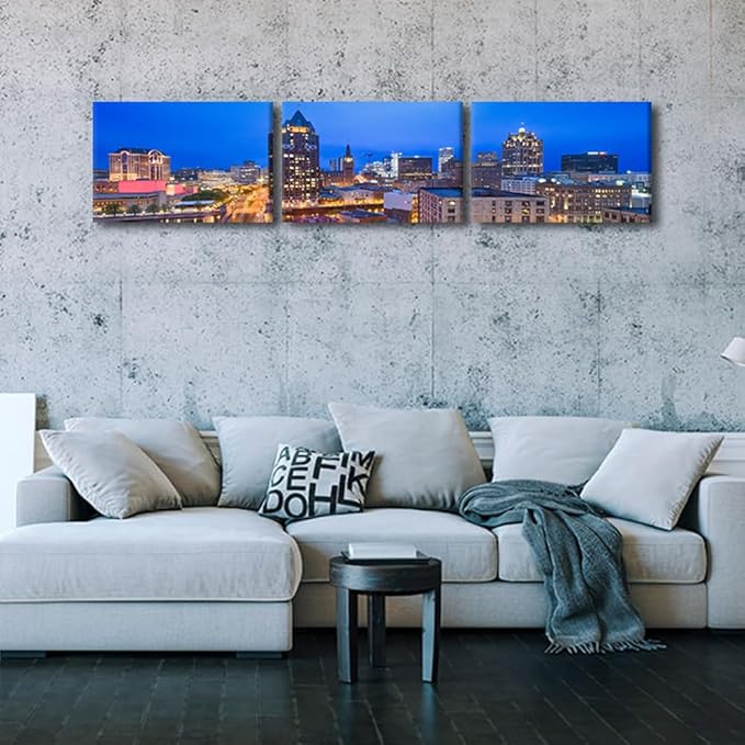Native American Decor Skyline of Downtown Milwaukee Wall Art Cityscape Pictures Wisconsin, USA Panoramic Paintings Canvas City Skyline at Dusk Artwork Home Decor Framed Ready to Hang 12x48 Inch