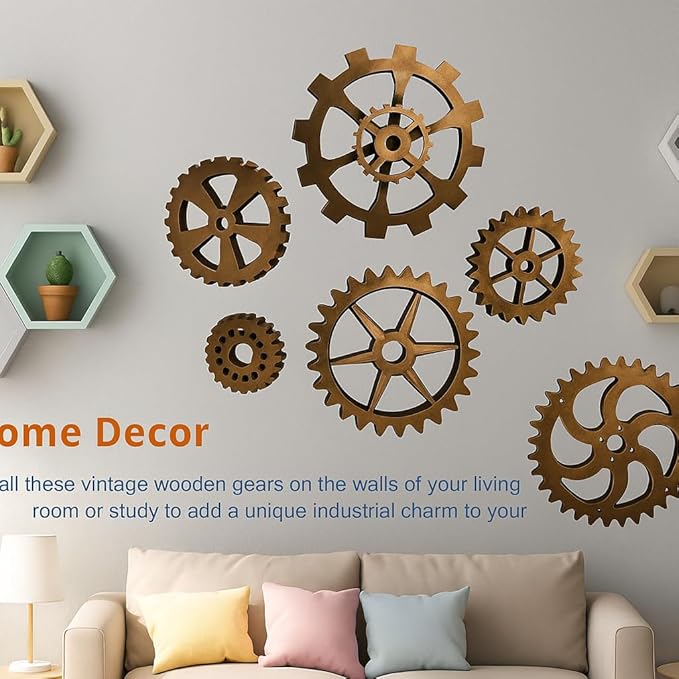 6 Piece Extra Large Vintage Wooden Gears Wooden Gears Wheels with Rustic Metal Look - Industrial Style Wall Decor Set for Home, Bar, Cafe, and DIY Crafts