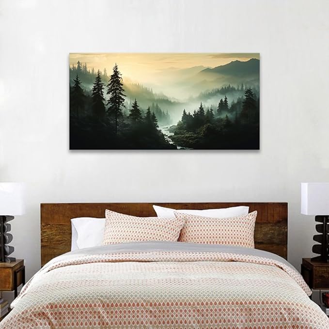BYXART Misty Forest Canvas Wall Art Foggy Mountain Landscape Nature Picture Decor for Bathroom Living Room Pine Trees Smoky Scenery Painting Artwork for Bedroom Home Office Decorations 40L x20W
