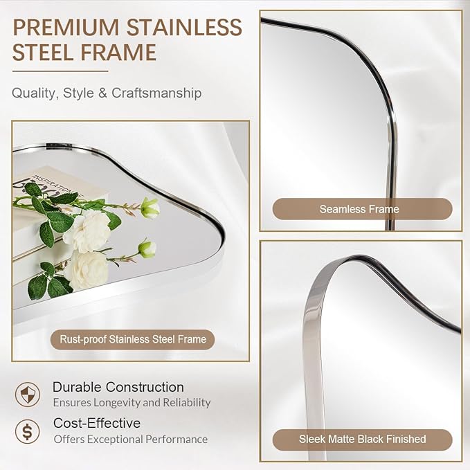 ANDY STAR 24x36'' Chrome Mirrors, Modern Rounded Corner Irregular Bathroom Mirrors with Notched Edges in 1 Inch Stainless Steel Frame Wall Mounted for Bathroom Vanity Home Decor