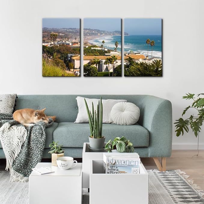 Pacimo Canvas Wall Art for Living Room - Malibu Cityscape Pictures Painting Prints California City Skyline Modern Artwork for Home Office Wall Decor Stretch Framed Ready to Hang - 20"x28"x3 Panels