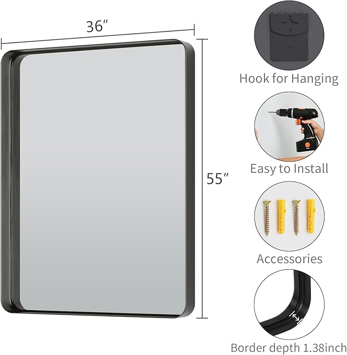 Koonmi Black Wall Mirror for Bathroom, 36x55 Inch Matte Deep Framed Rounded Rectangle Vanity Mirror for Farmhouse Living Room, Tempered Glass, Anti-Rust, Vertically or Horizontally
