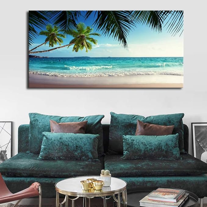 Large Wall Art Ocean Waves Canvas Pictures Coconut Trees Sands Beach Seascape Landscape Modern Summer Sea Nature Canvas Artwork Contemporary Wall Art for Living Room Bedroom Home Wall Decor 29" x 58"