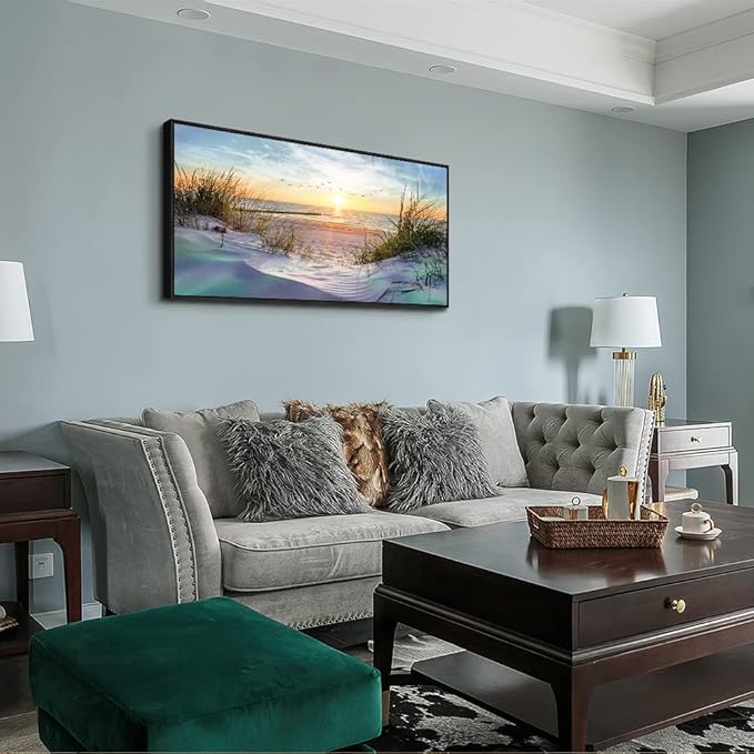 Black Wood Framed Canvas Wall Art - Large Size Ocean Beach Seascape Wall Pictures - Sunny Sea Theme - 24" X 48" - For Living Room, Bedroom & Office Decor