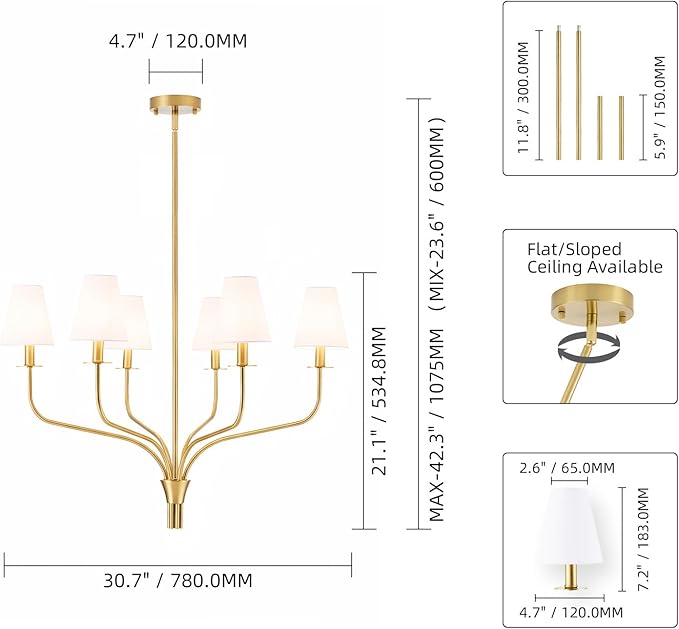 30" Modern Gold Chandelier for Dining Room, 6-Light Brushed Brass Pendant Light Fixture with White Fabric Shade,Mid Century Ceiling Lighting for Living Room Bedroom Kitchen Island, E12