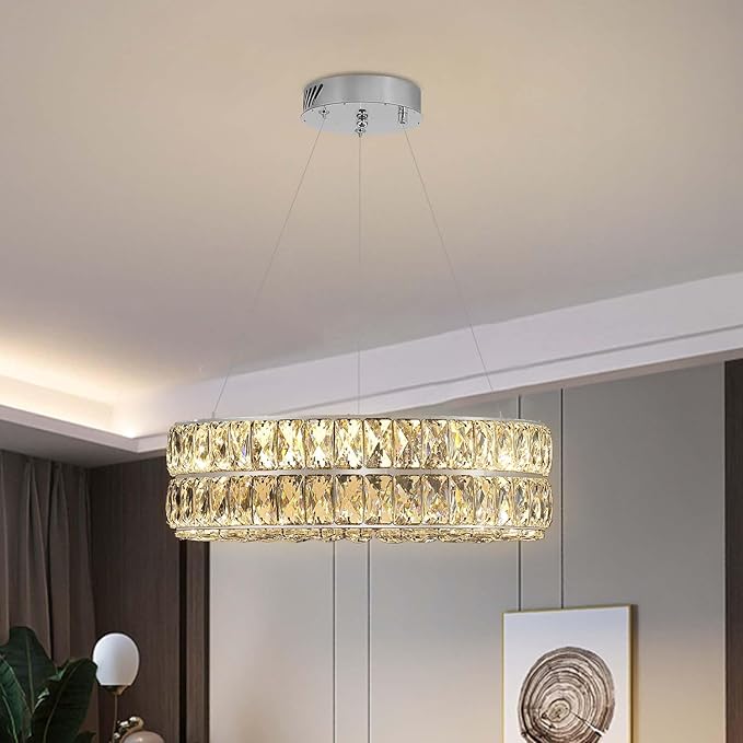 Led 15.7" Silver Ring Crystal Chandelier for Living Room, Modern Dimmable Chandeliers Lighting Adjustable Hanging Pendant Light for Dining Room