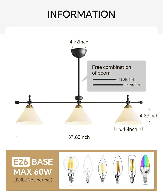 Linear Chandelier, Modern Chandelier for Dining Room Light Fixture, Dining Light Fixtures with Milk Glass Shade Pendant Lights Kitchen Island for Restaurant, Living Room (Black, 3-Lights)