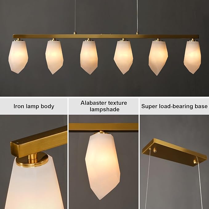 Alabaster Chandelier, 39" 6-Light Linear Chandelier with Bulb, Rectangular Chandeliers for Dining Room, Large Chandeliers for Kitchen Over Table, Island Lights Pendant Light Fixtures