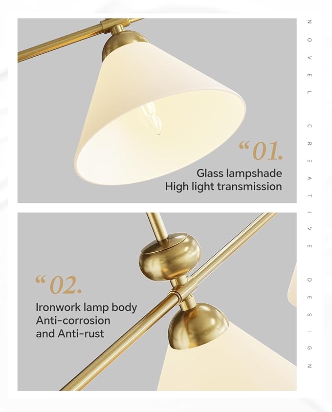 Linear Chandelier, Modern Chandelier for Dining Room Light Fixture, Dining Light Fixtures with Milk Glass Shade Pendant Lights Kitchen Island for Restaurant, Living Room (Gold, 3-Lights)