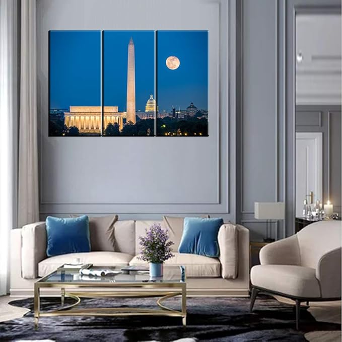 Lincoln Memorial, Washington Monument and Capitol Building in Washington DC, USA Print On Canvas Wall Artwork Modern Photography Home Decor Unique Pattern Stretched and Framed - 28‘’x14‘’x3 panels