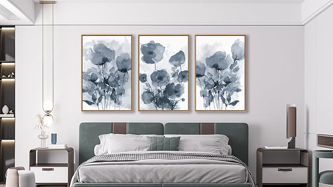 arteWOODS Botanical Framed Wall Art - Abstract Watercolor Style Pictures Grey Blue Floral Wall Decor Minimalist Prints Aesthetic Flowers Painting Artwork 24" x 36" Set of 3 Natural Framed