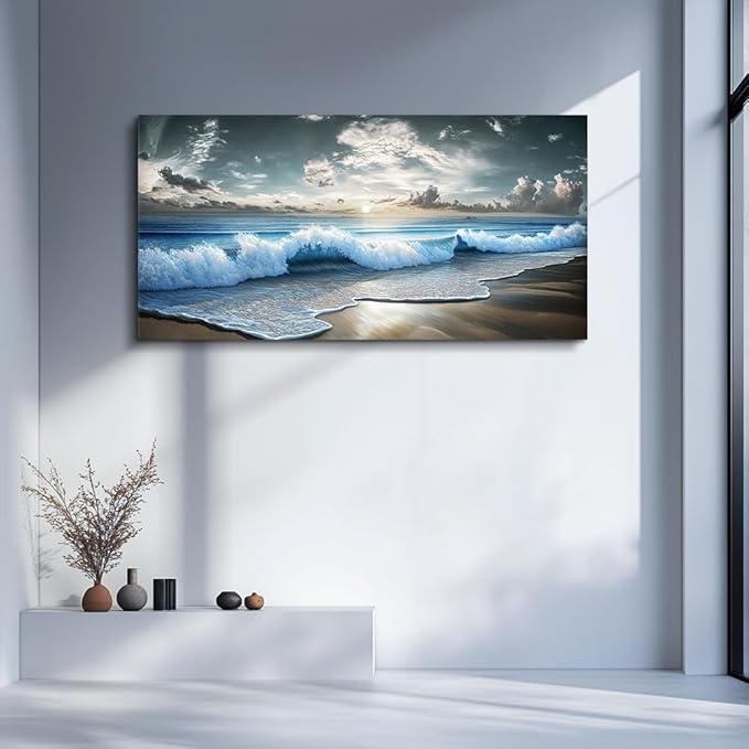 MHARTK66 Blue Ocean Canvas Wall Art Large Paintings For Living Room Landscape Nature Artwork For Walls Wall Decor For Bedroom Beach Pictures Office Waves Poster Modern Home Decorations 30x60
