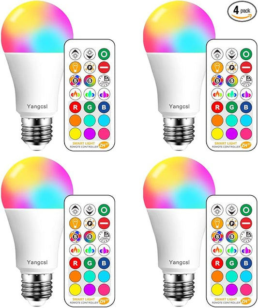 LED Light Bulbs 85W Equivalent 1200lm, RGB Color Changing Light Bulb, 6 Moods - Memory - Sync - Dimmable, A19 E26 Screw Base, Timing Remote Control Included (Pack of 4)