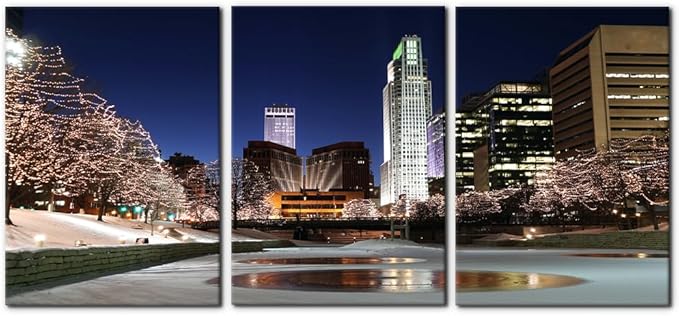 Pacimo Canvas Wall Art Decor Omaha Cityscape Modern Artwork for Wall Painting City Skyline Night View Pictures Gallery Wrapped Posters and Prints Stretch and Framed Ready to Hang - 20"x28"x3 Panels