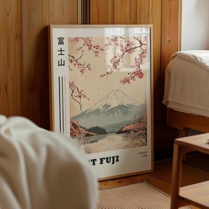 Mount Fuji Poster, Traditional Japanese Wall Art Print with Cherry Blossoms, Japandi Style Asian Home Decor, Fujisan Landscape Artwork for Bedroom or Living Room (Unframed) (9x11)