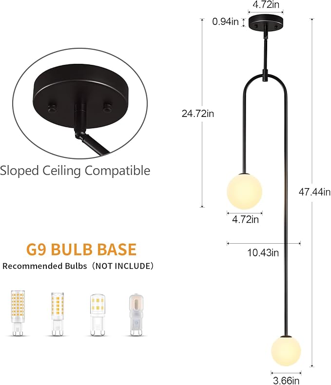 Modern Milk Glass Pendant Light 2 Light Mid Century Chandelier Small Glass Globe Black Pendant Lights for Kitchen Island Bedroom Dining (1 Pack)