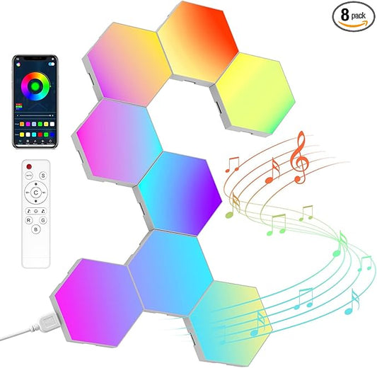 8 Pack Hexagon Led Lights Wall Panels: RGB Gaming Lights with APP Smart Modular Panel Hex Tiles Push Glide Expansion Shapes Lights