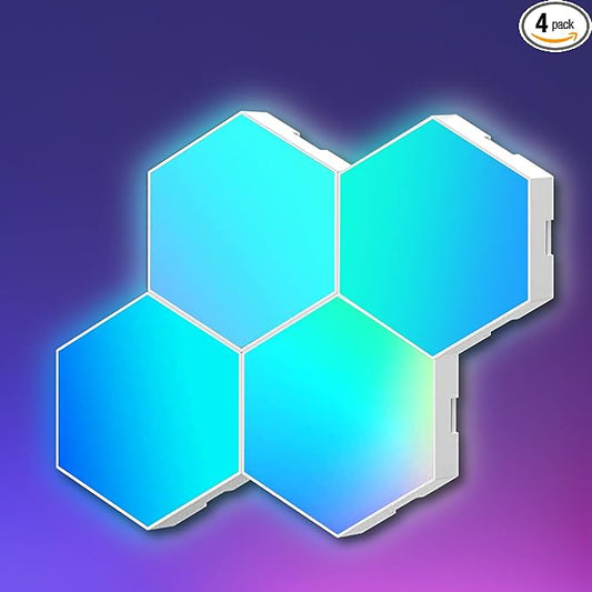 Amailtom Hexagon Light Panels Expansion 4 LED Panels, Hexagon LED Wall Lights Dreamcolor Effects, Smart Gaming Lights Music Sync for Gaming Room Setup (No Controller/Remote)