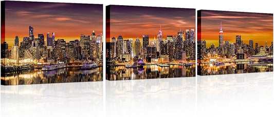Canvas Wall Art for Living Room New York City Panorama Modern Home Decor Cityscape Sunrise View HD Printed Posters for Bedroom Office Wall Art Painting Bathroom Pictures Ready to Hang 12x48 Inch