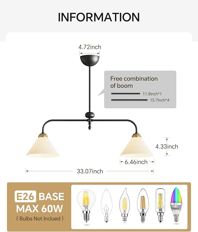 Linear Chandelier, Modern Chandelier for Dining Room Light Fixture, Dining Light Fixtures with Milk Glass Shade Pendant Lights Kitchen Island for Restaurant, Living Room (Black, 2-Lights)