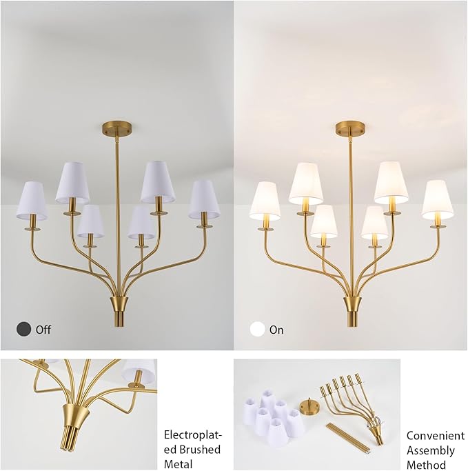 30" Modern Gold Chandelier for Dining Room, 6-Light Brushed Brass Pendant Light Fixture with White Fabric Shade,Mid Century Ceiling Lighting for Living Room Bedroom Kitchen Island, E12