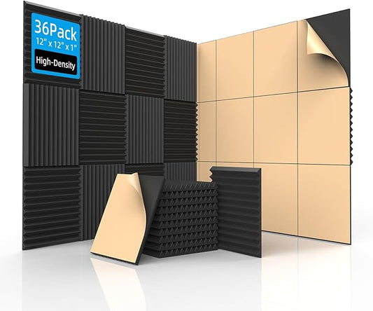 36 Pack Acoustic Foam Panels with Self Adhesive 12" X 12" X 1" Sound Proof Foam Panels for Walls High Density Wedge Soundproof Wall Panels for Studio Office Gaming Room