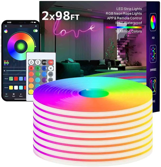Neon Rope Lights, 2x98FT RGB LED Strip Lights, App Control, IR Remote, Outdoor IP67 Waterproof, Music Syncing, Flexible DIY Design for Bedroom, Gaming, Party, Christmas Decor