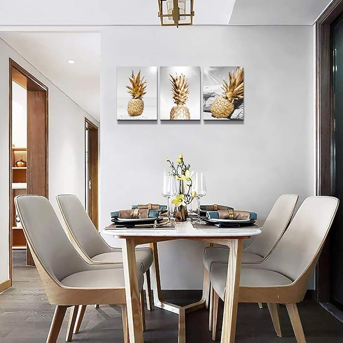 Canvas Wall Art For Bar Kitchen Living Room Office Bathroom Home Decoration Board Black And White Beach Scenery Golden Pineapple Pictures Artwork Restaurant Wall Decor Ready To Hang 12x16inch 3 Piece