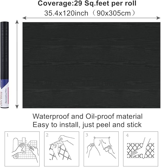 Arthome Peel and Stick Contact Paper Black Wood Wallpaper Self-Adhesive & Removable Vinyl Wall Paper for Countertop Furniture Kitchen, Easy to Clean, (35.4" x 120")
