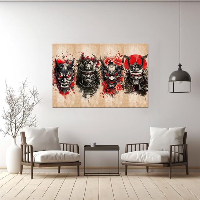 Japanese Samurai Wall Decor Bushido Wall Art Red and Black Canvas Pictures for Japan Theme Restaurant Tavern Hotels Bedroom Living Room Office Bathroom Asian Artwork Prints Framed
