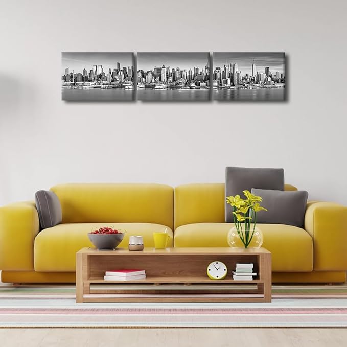 New York Wall Art Black and White City Panorama Cityscape Pictures Print On Canvas Urban Building Artwork Wall Art for Living Room Office Giclee Posters and Prints Framed Ready to Hang 12x48 Inch